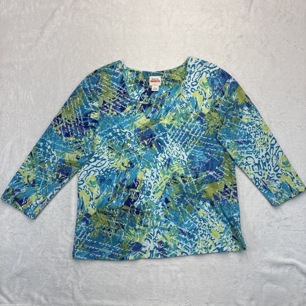 Ruby Rd Favorites Top Womens L Blue Green Tropical Script Boho Casual